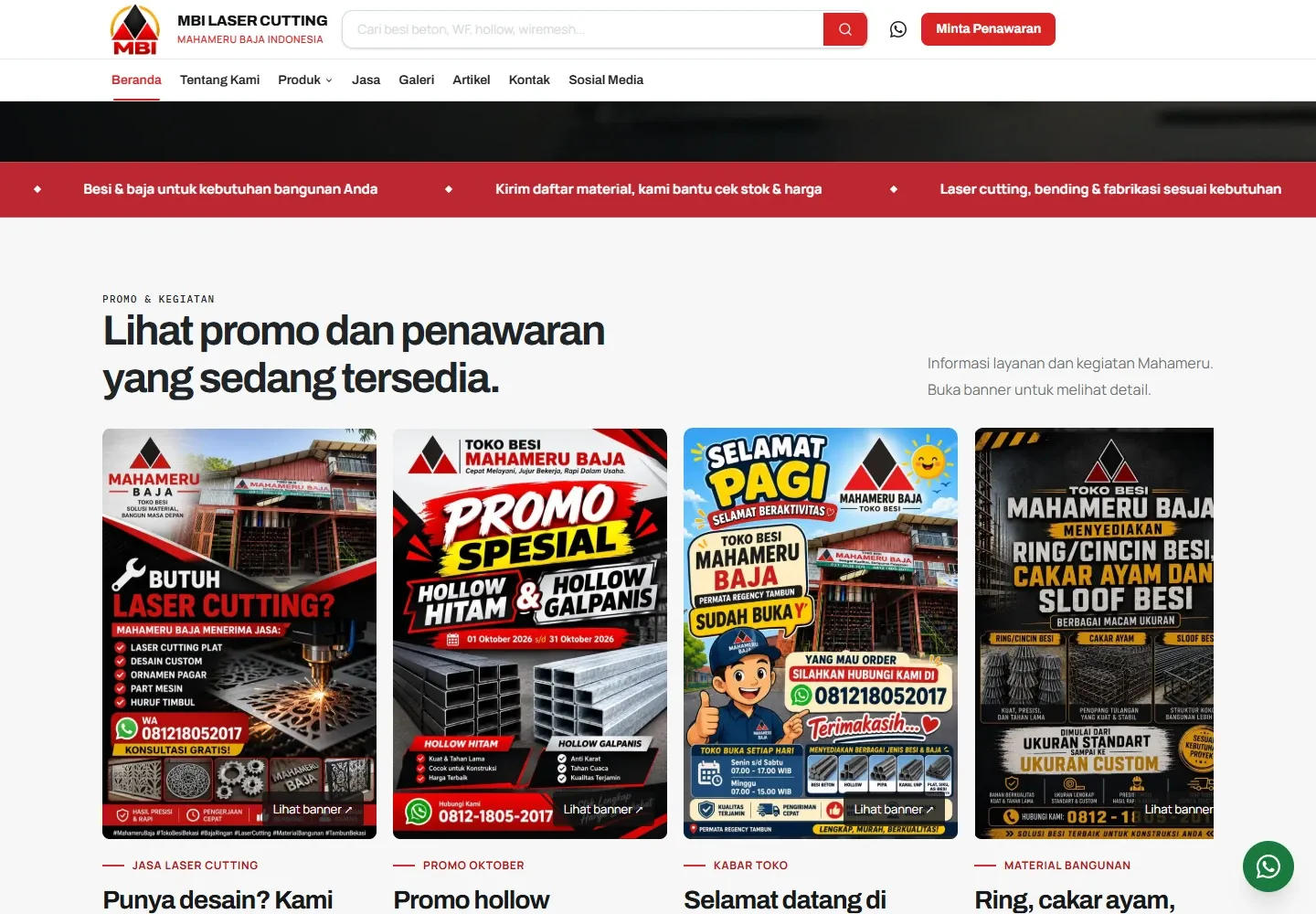 Mahameru Baja Indonesia: Bagian beranda Mahameru Baja Indonesia, tampilan desktop pertama.