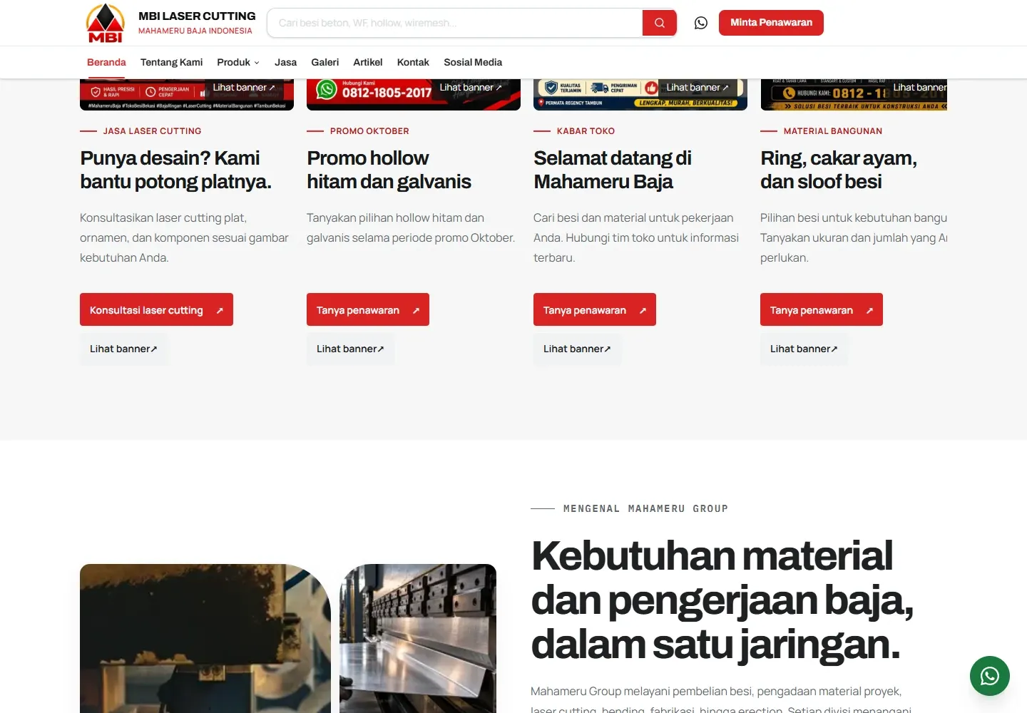 Mahameru Baja Indonesia: Bagian beranda Mahameru Baja Indonesia, tampilan desktop kedua.