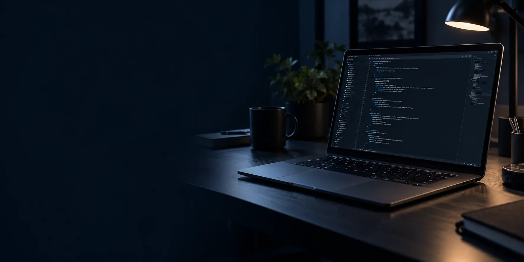 Ilustrasi workstation pengembangan software dengan laptop di sisi kanan dan suasana navy.
