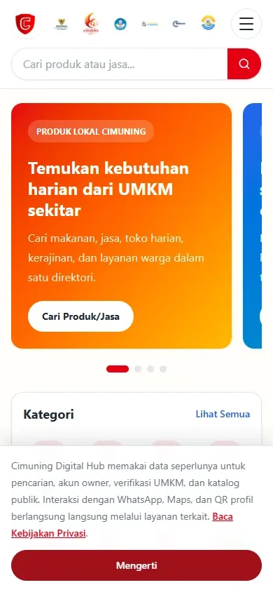 Cimuning Digital Hub: Tampilan beranda Cimuning Digital Hub di perangkat mobile.