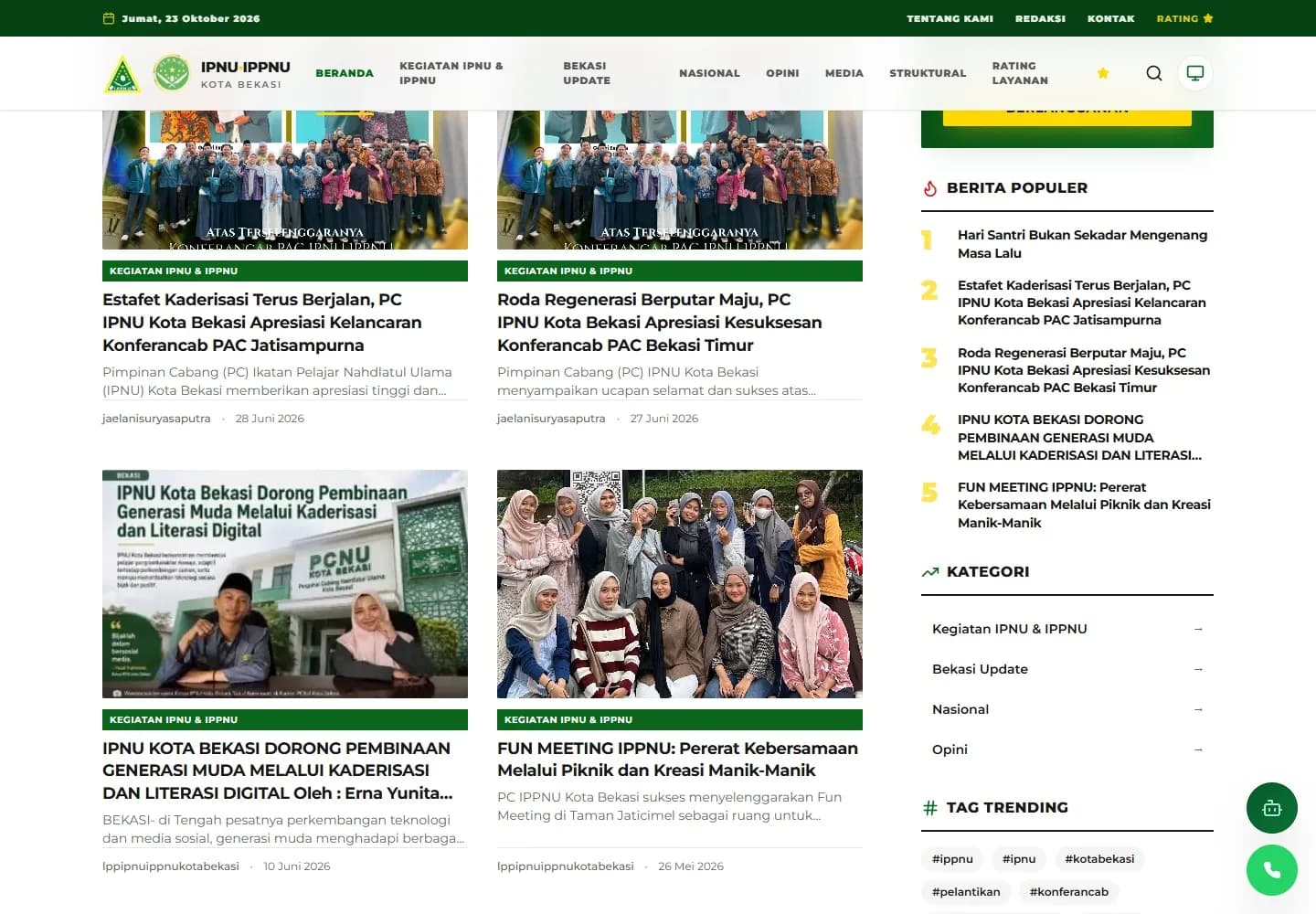 IPNU IPPNU Kota Bekasi: Bagian beranda IPNU IPPNU Kota Bekasi, tampilan desktop pertama.