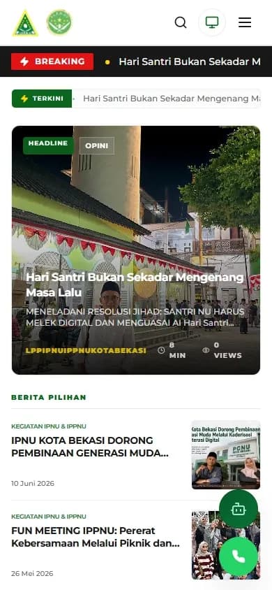 IPNU IPPNU Kota Bekasi: Tampilan beranda IPNU IPPNU Kota Bekasi di perangkat mobile.